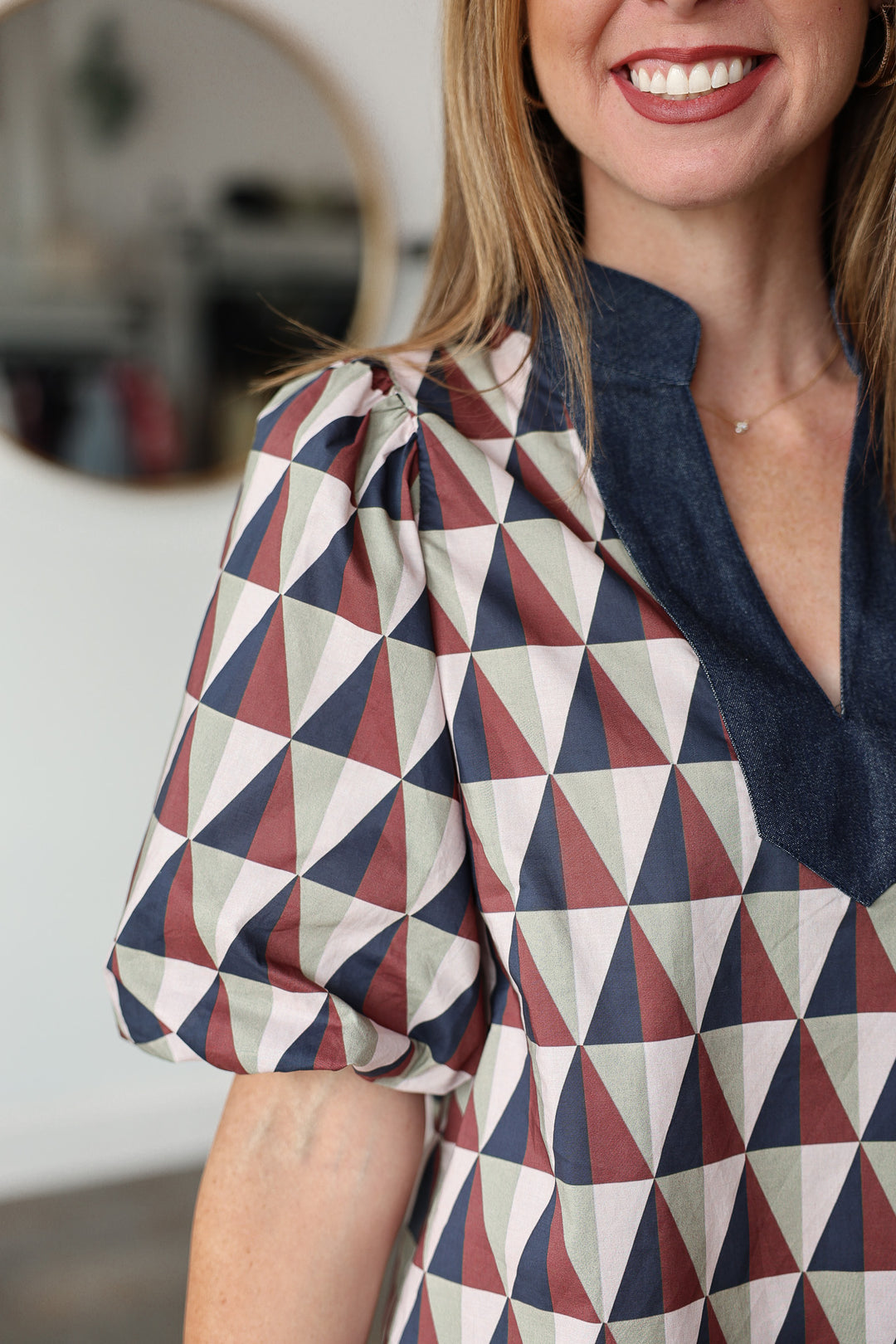 Geometric Print Denim Contrast Top