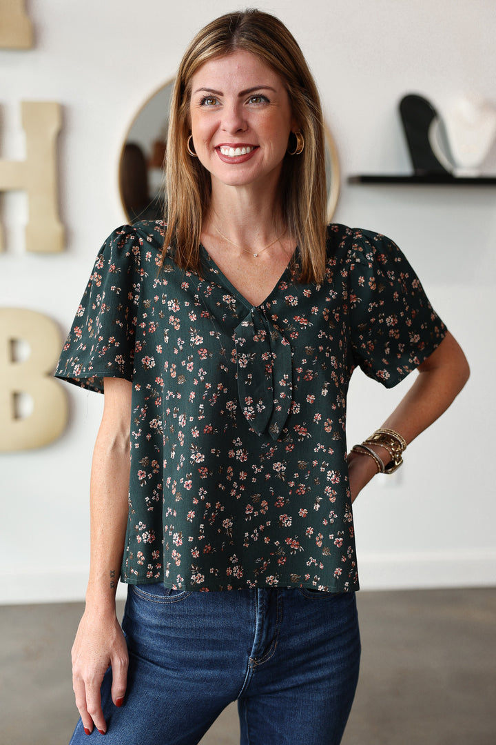 Front Tie Floral Blouse - Green