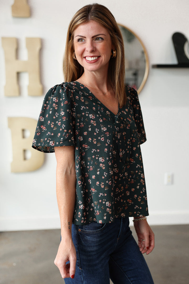 Front Tie Floral Blouse - Green