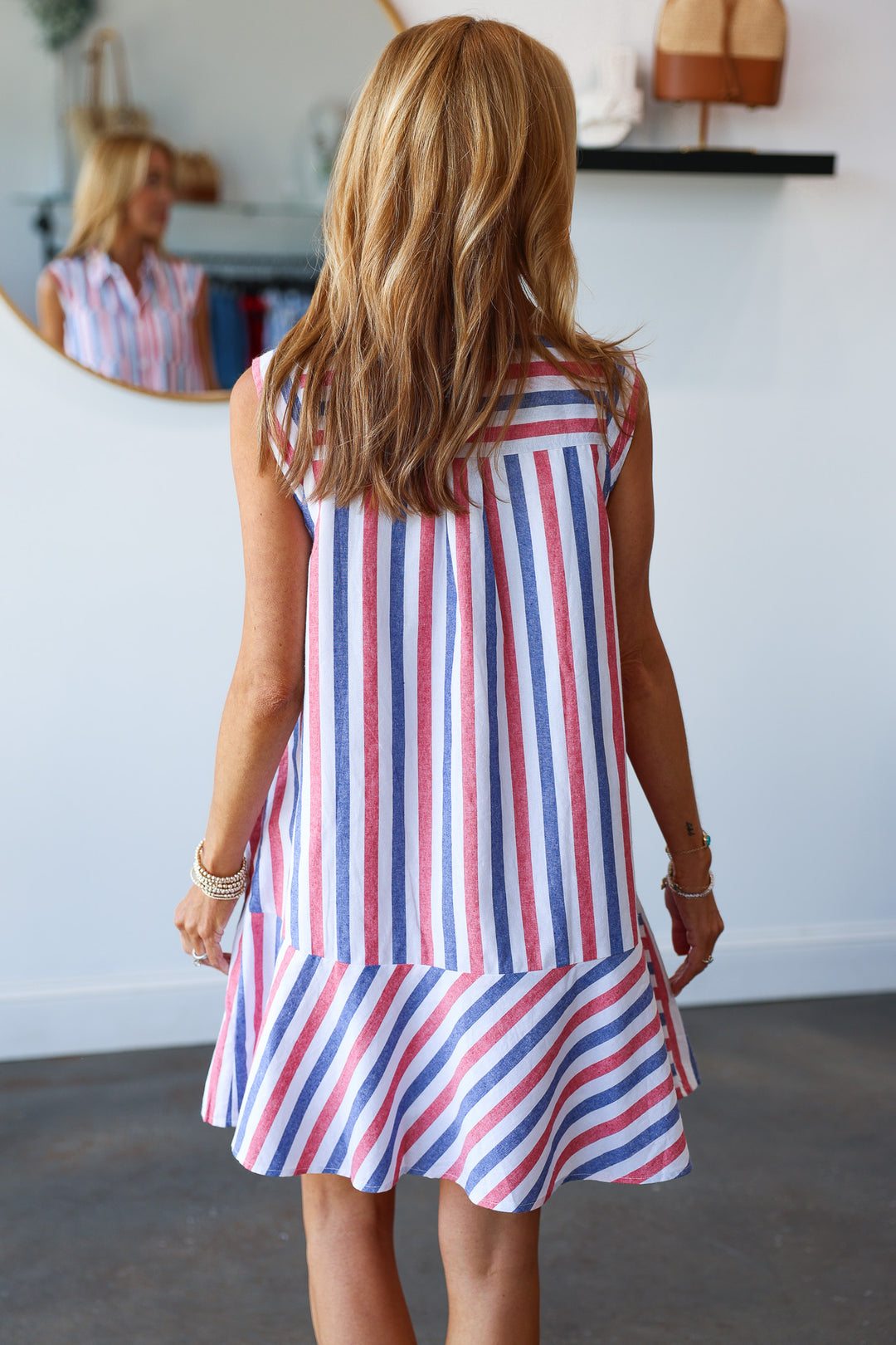 Cap Sleeve Striped Dress - Red/Navy