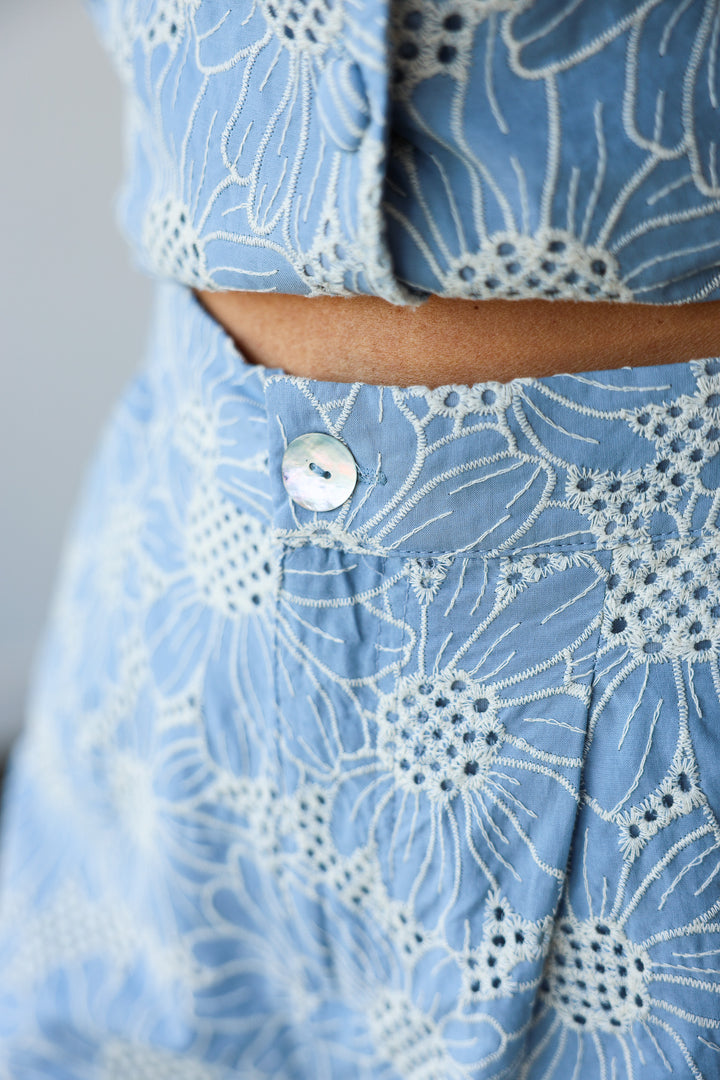 Embroidered Floral Shorts - Blue