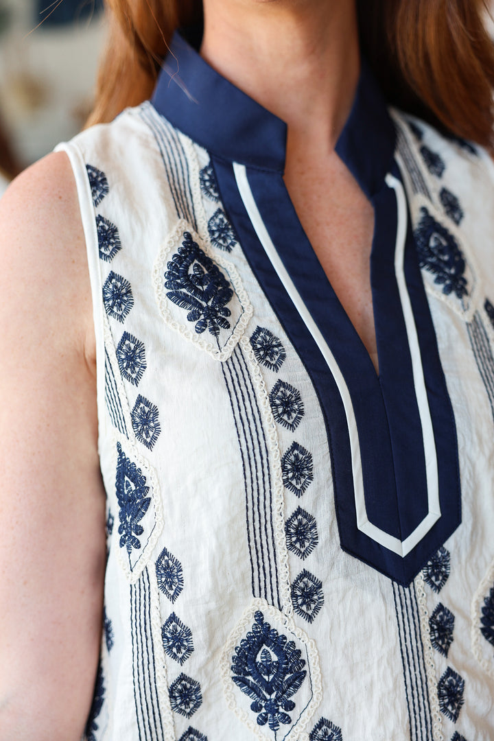 Embroidered Shift Dress - Navy