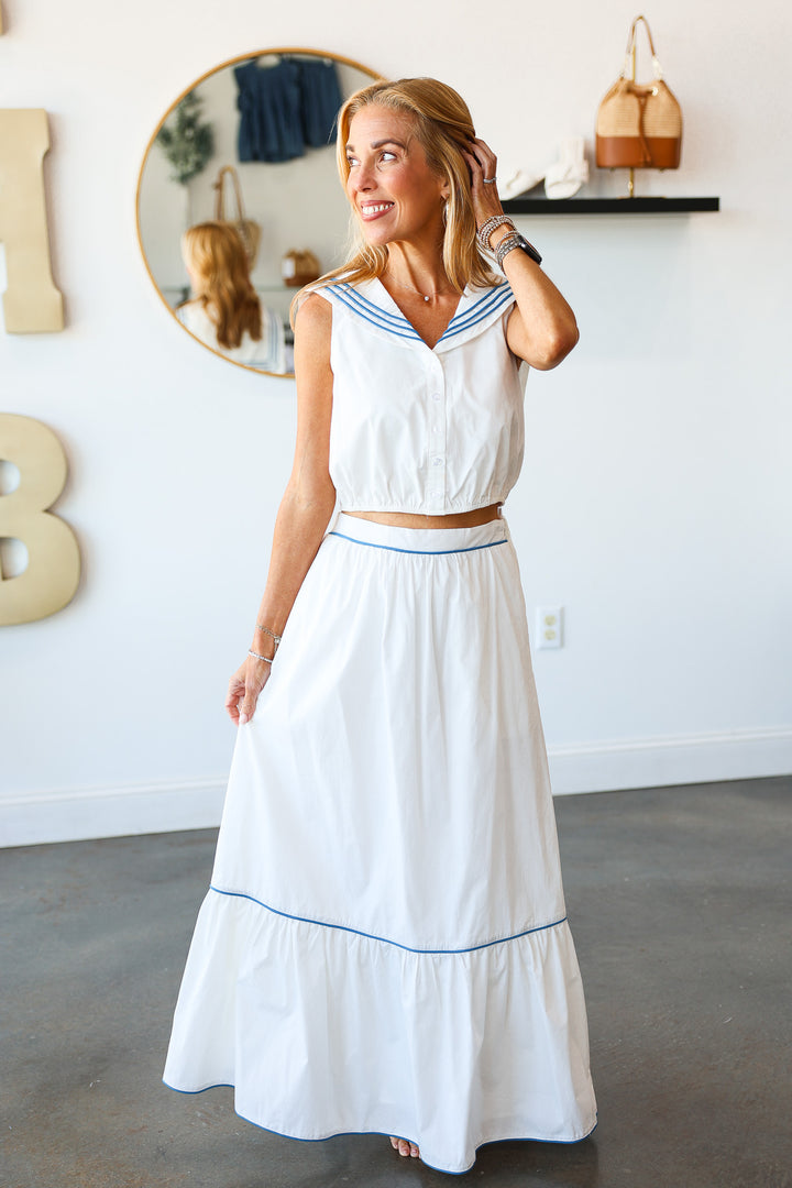 Blue Trim Midi Skirt - White