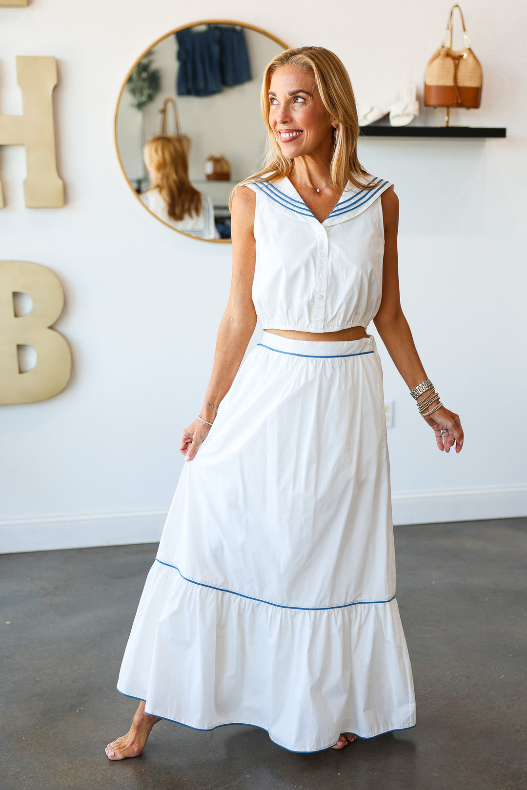 Button Front Sailor Top - White