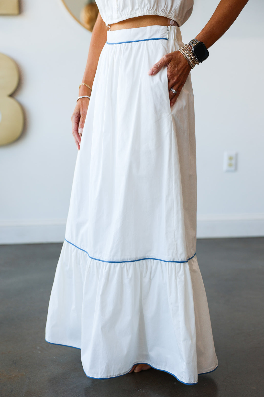 Blue Trim Midi Skirt - White
