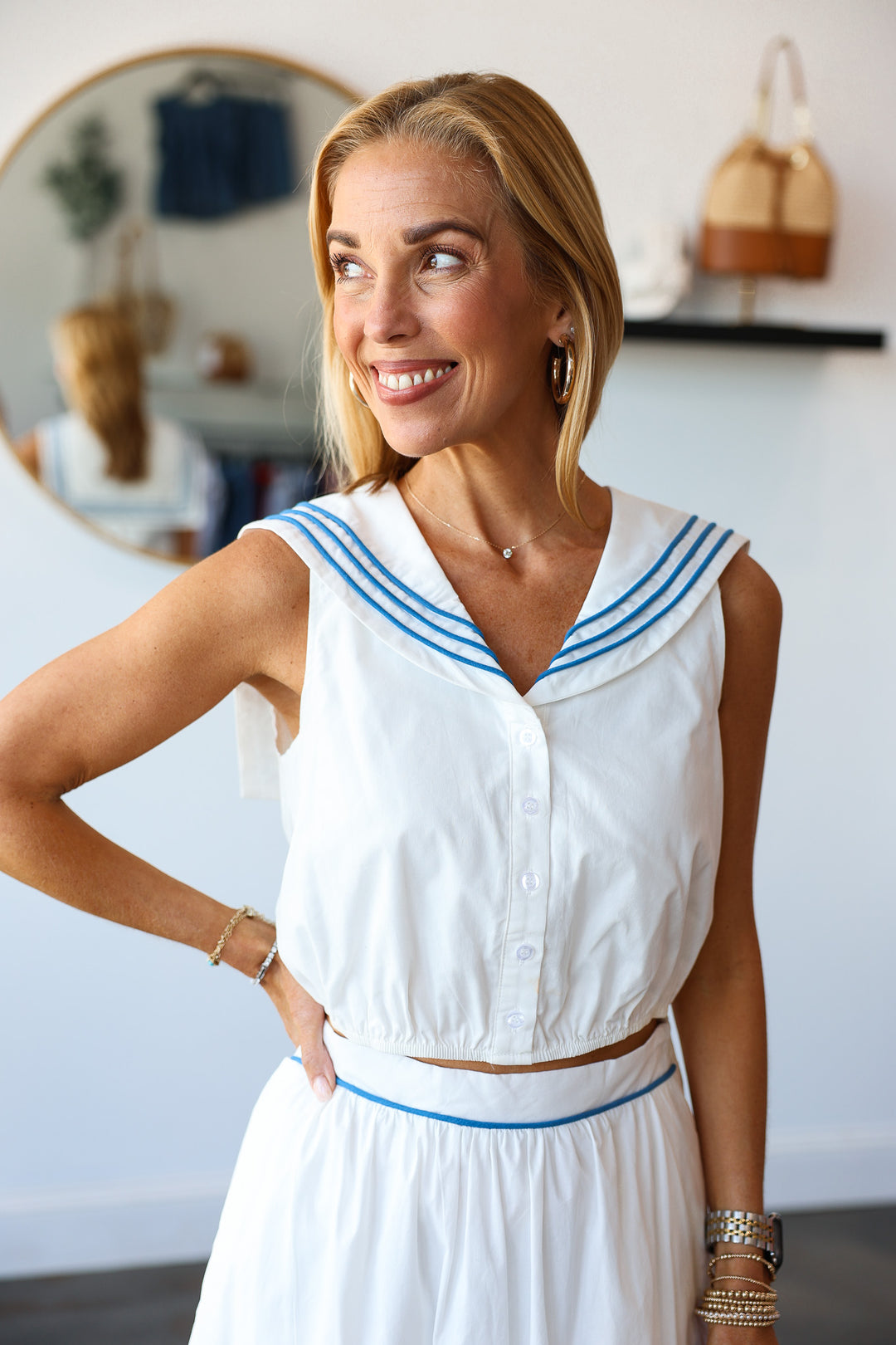 Button Front Sailor Top - White