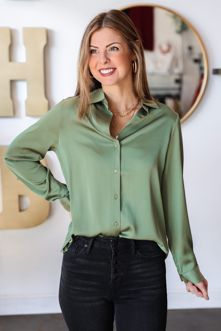 Satin Button Down - Olive