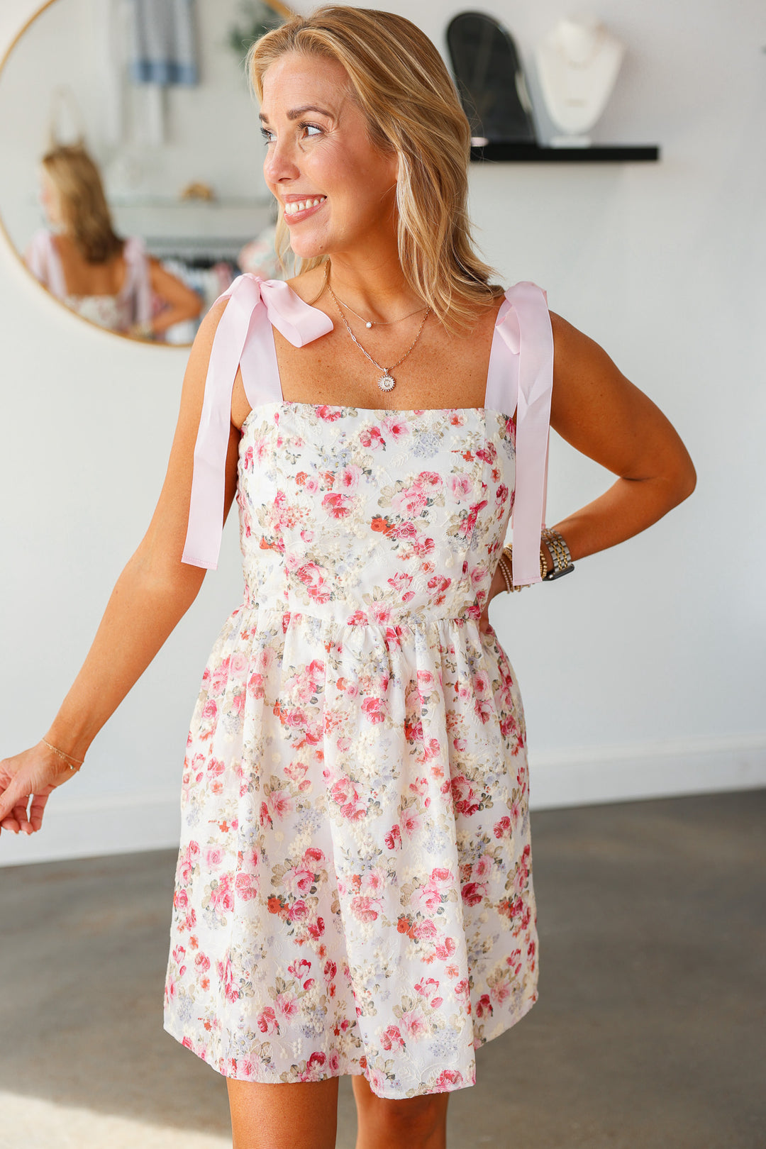 Bow Strap Eyelet Floral Dress