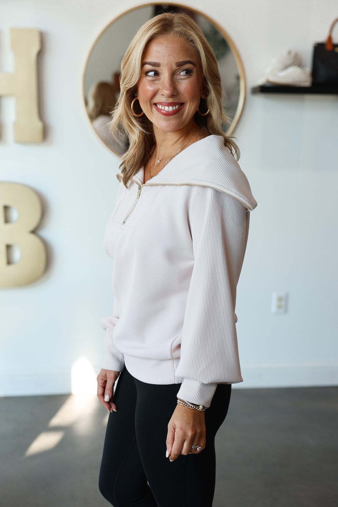 Oversized Collar Quarter Zip Top - Cream