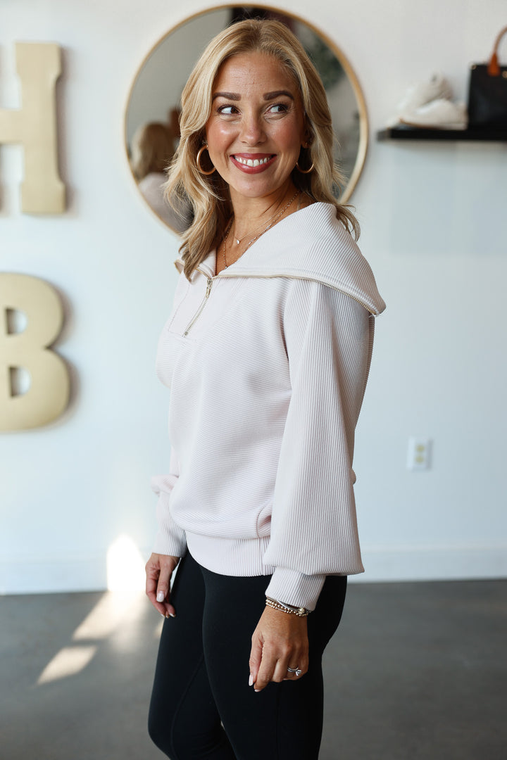 Oversized Collar Quarter Zip Top - Cream