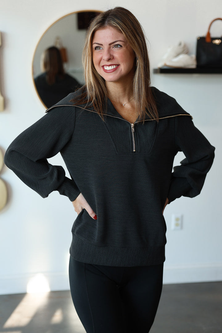 Oversized Collar Quarter Zip Top - Black