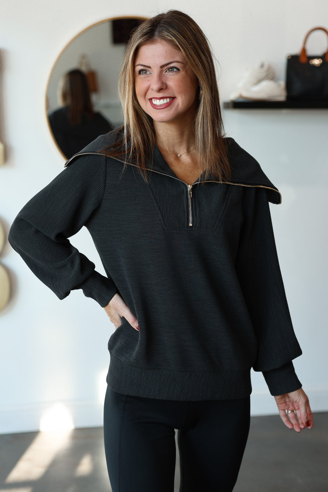 Oversized Collar Quarter Zip Top - Black
