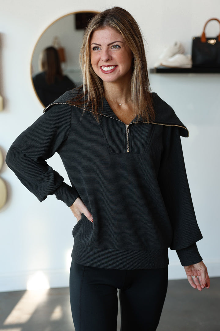 Oversized Collar Quarter Zip Top - Black