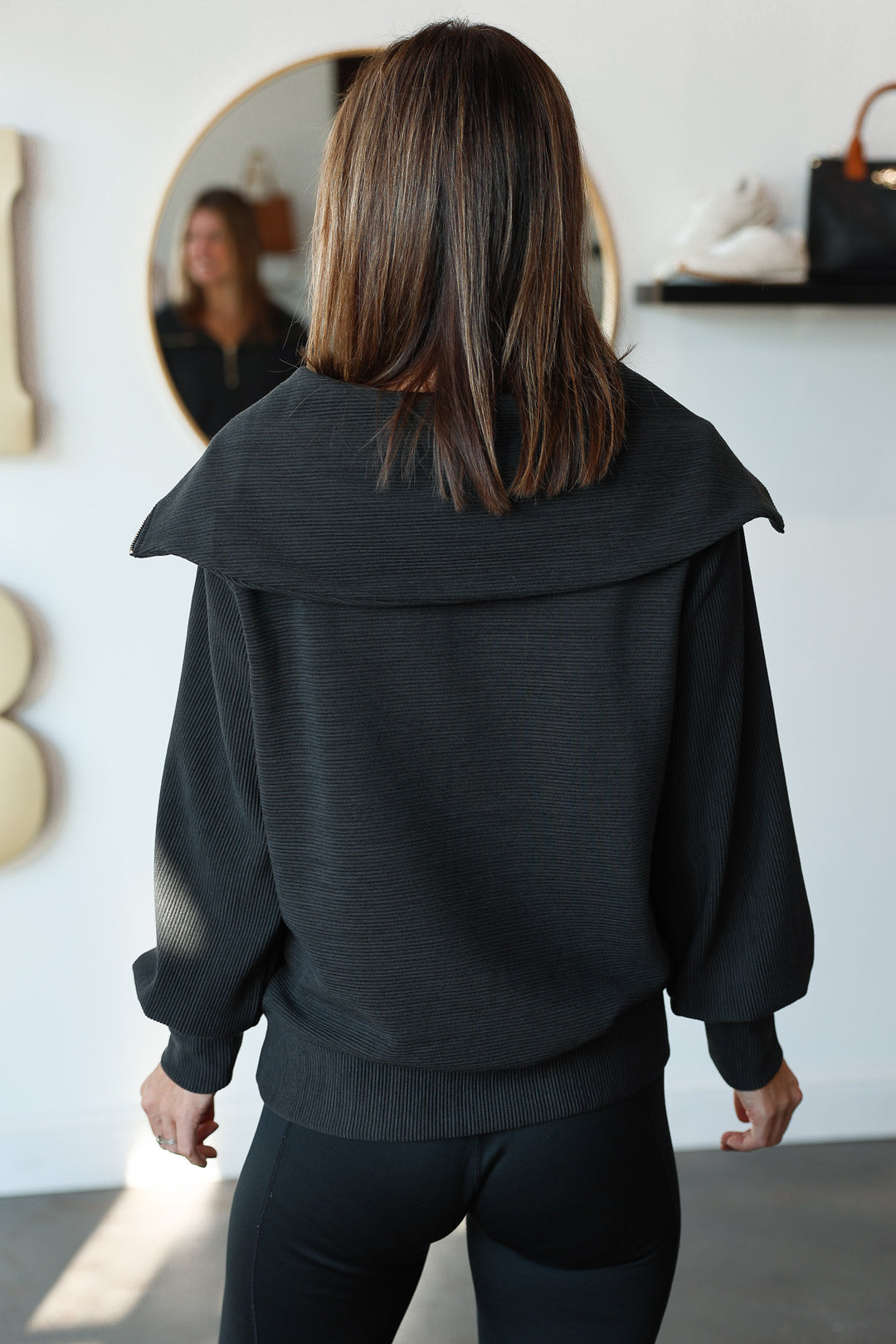 Oversized Collar Quarter Zip Top - Black