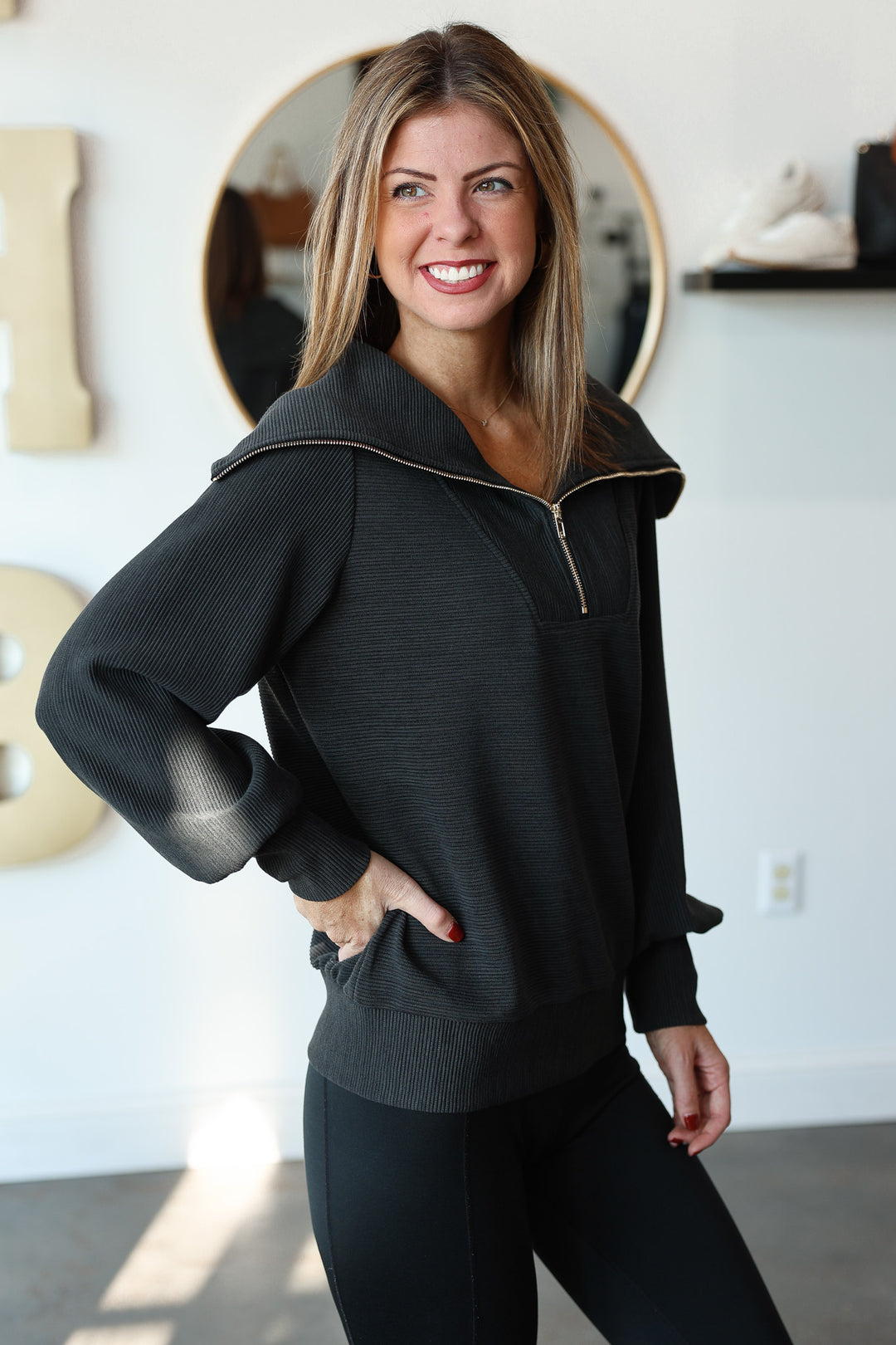 Oversized Collar Quarter Zip Top - Black