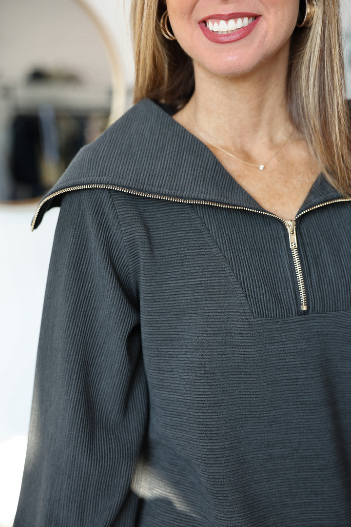 Oversized Collar Quarter Zip Top - Black