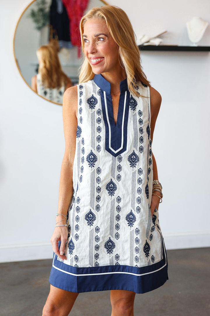 Embroidered Shift Dress - Navy