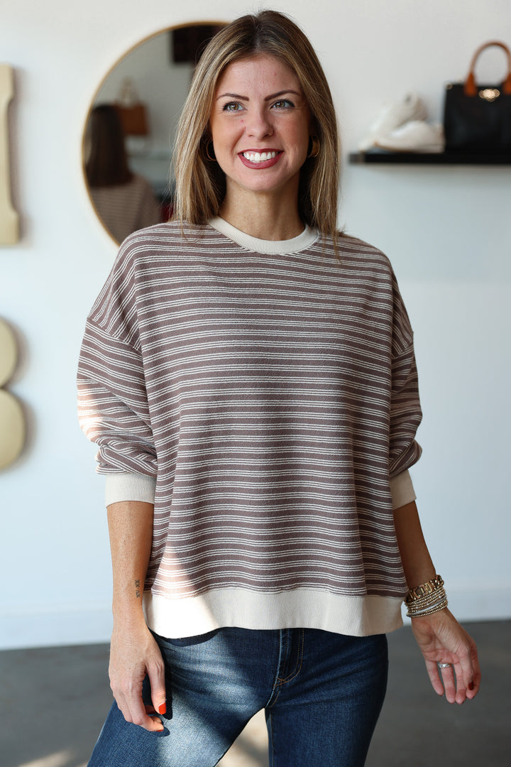 Striped Knit Pullover - Mocha/Ecru