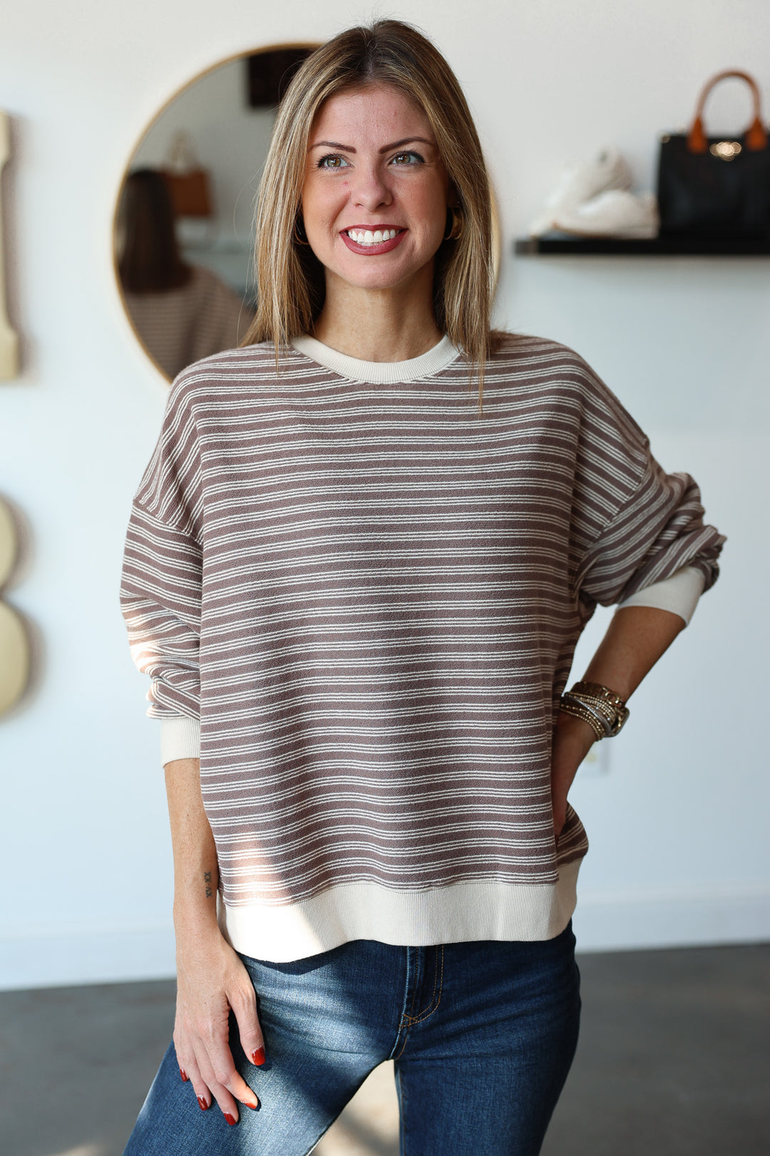 Striped Knit Pullover - Mocha/Ecru