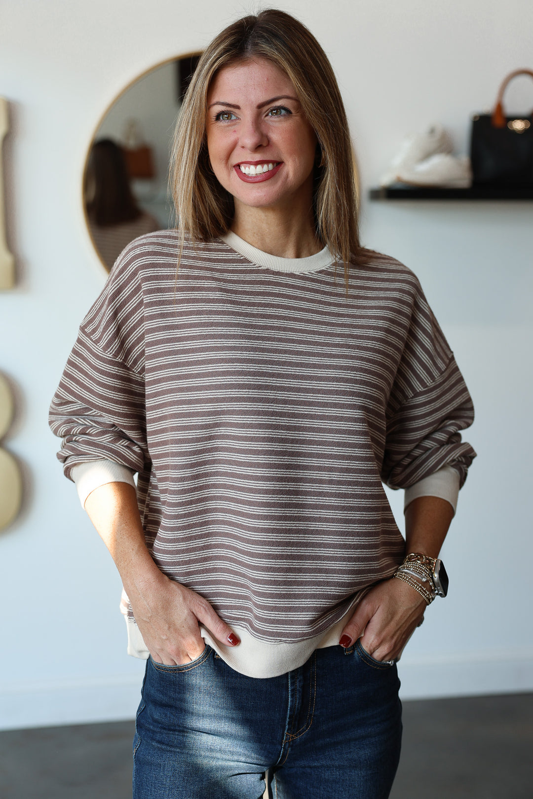 Striped Knit Pullover - Mocha/Ecru