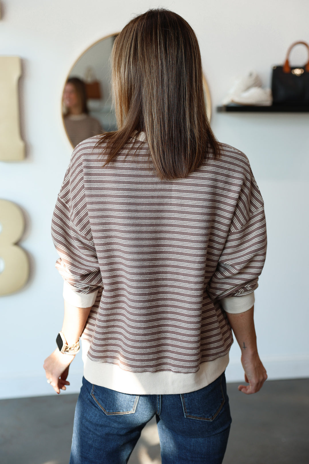 Striped Knit Pullover - Mocha/Ecru