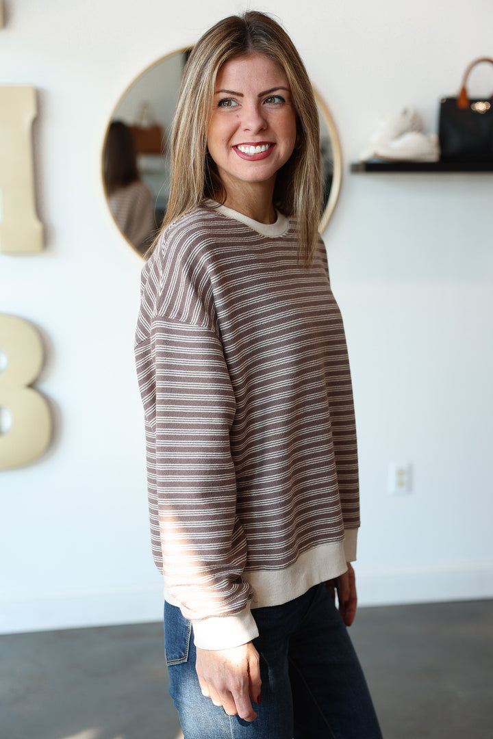 Striped Knit Pullover - Mocha/Ecru