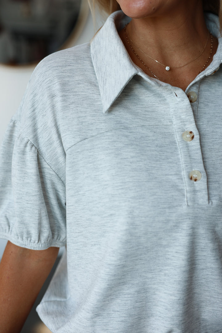 Textured Knit Polo Top - Gray