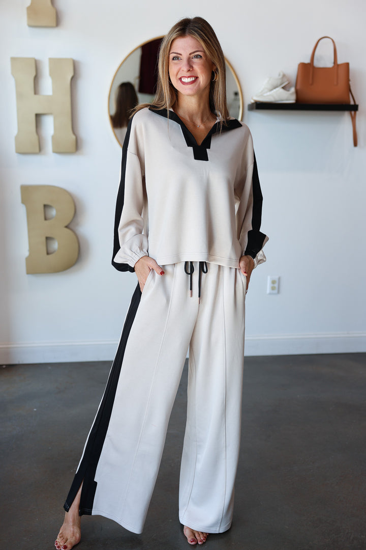 Split Neck Contrast Pullover