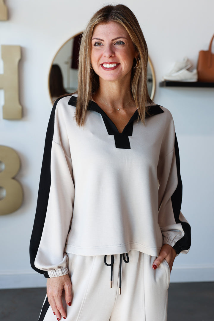 Split Neck Contrast Pullover