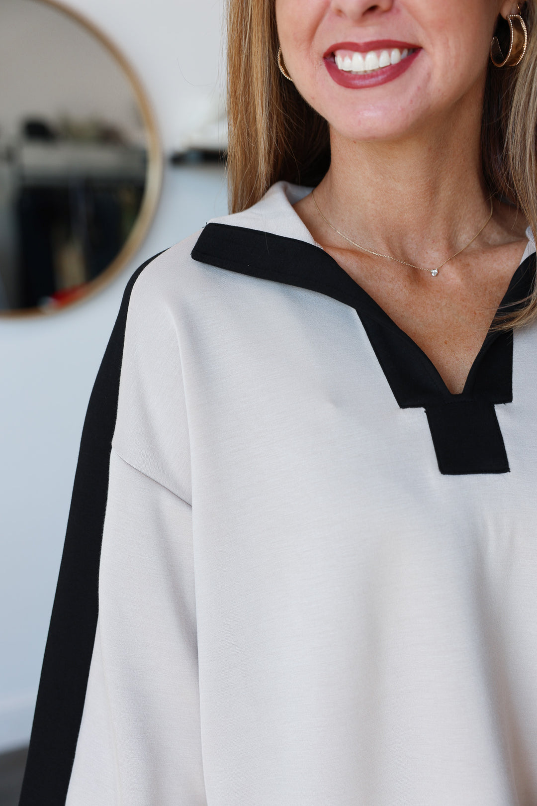 Split Neck Contrast Pullover