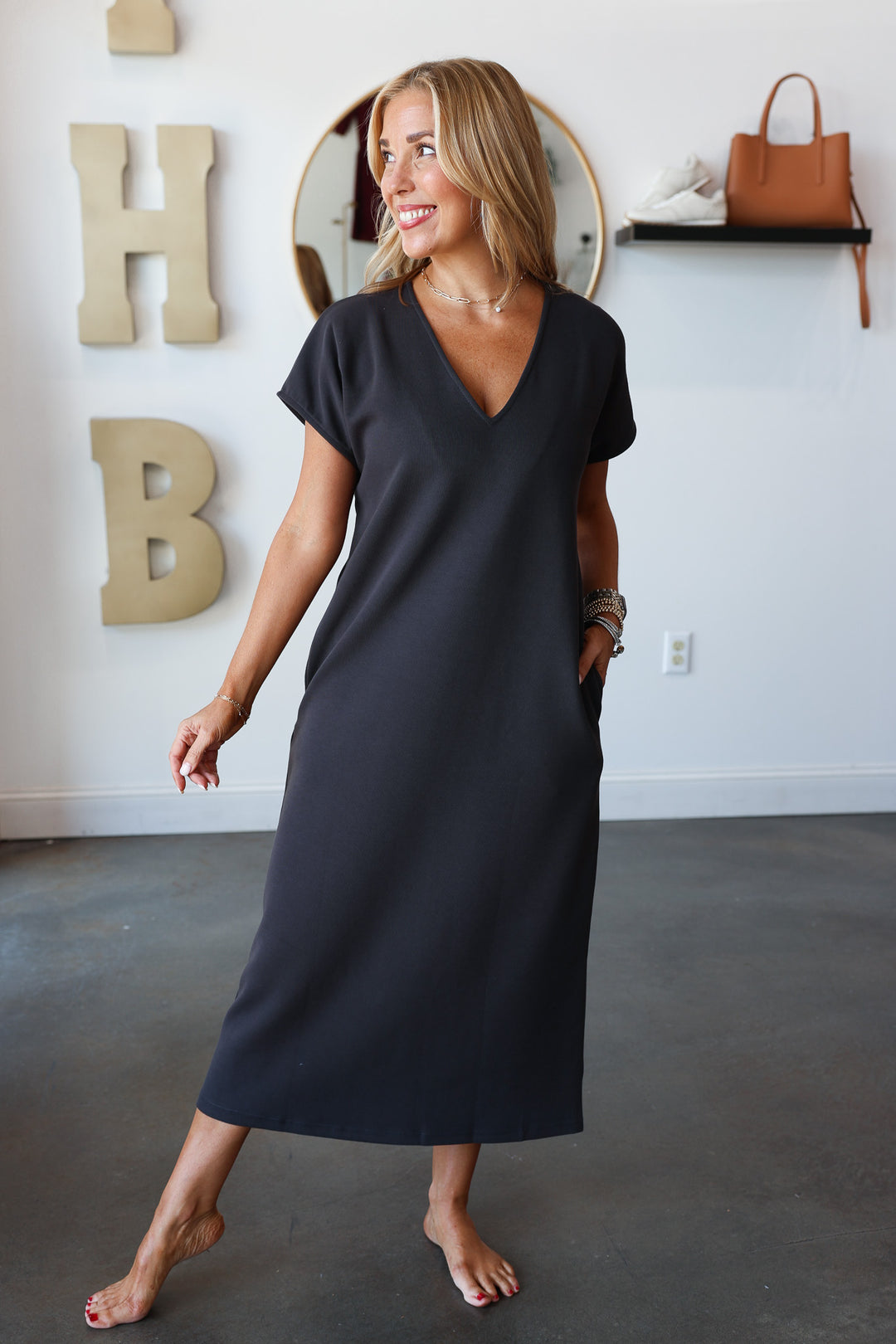 V Neck Maxi Dress - Charcoal