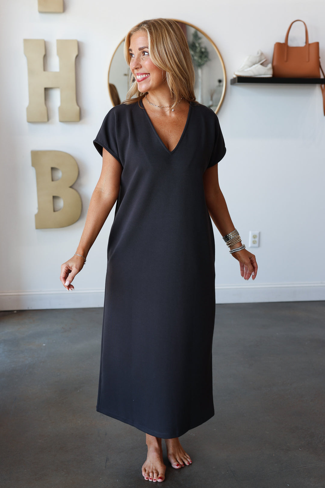 V Neck Maxi Dress - Charcoal