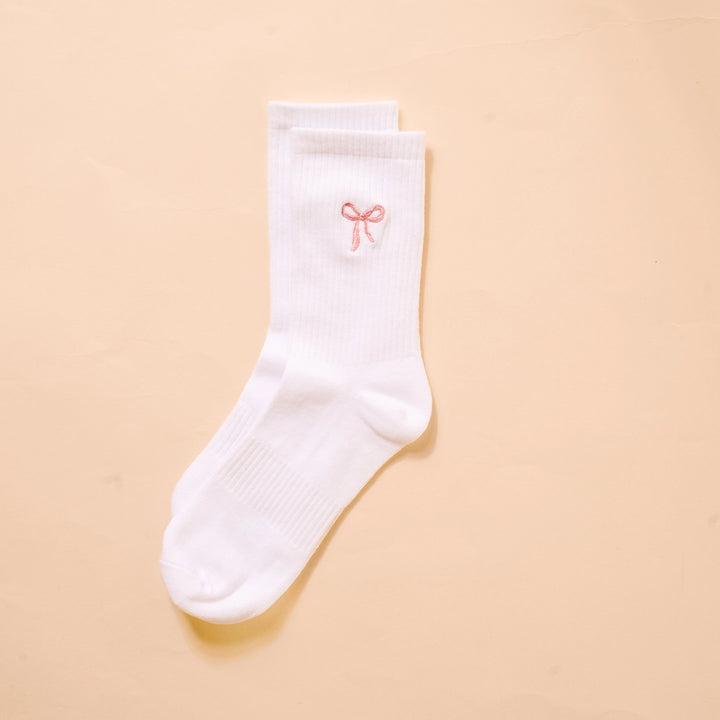 Embroidered Crew Socks - Pink Bow