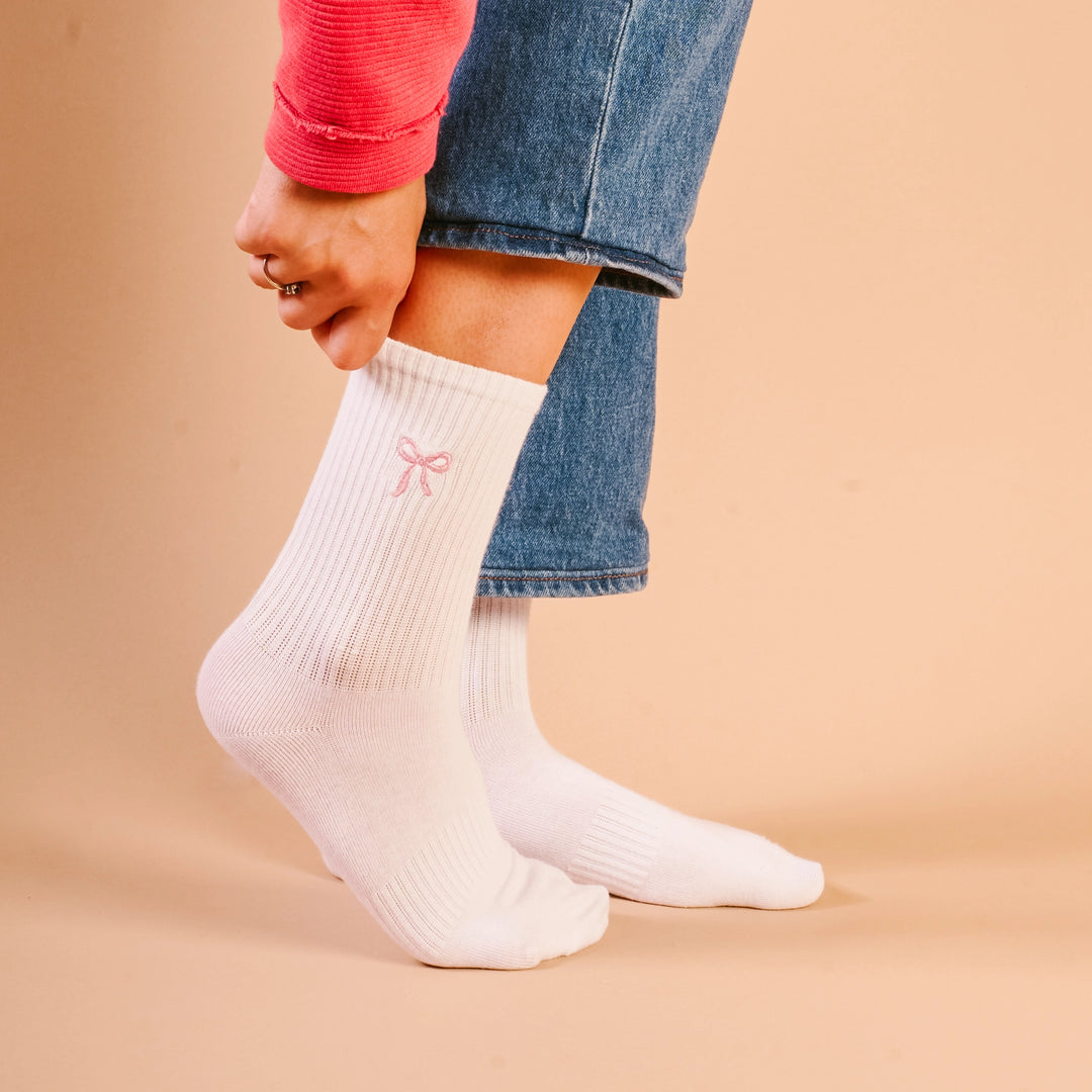 Embroidered Crew Socks - Pink Bow