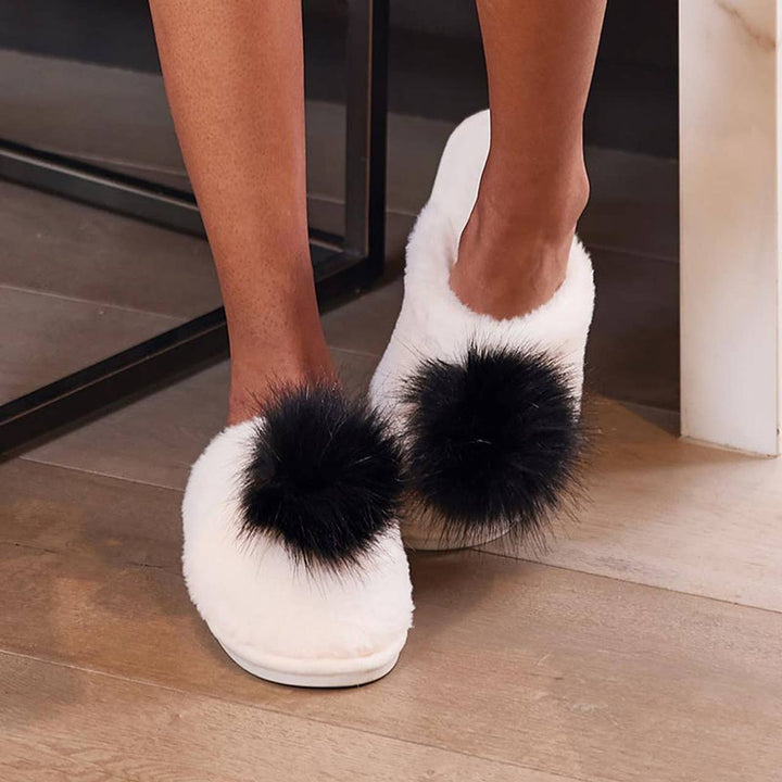 Plush Pom Pom Slippers - Ivory/Black