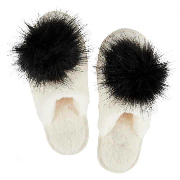 Plush Pom Pom Slippers - Ivory/Black