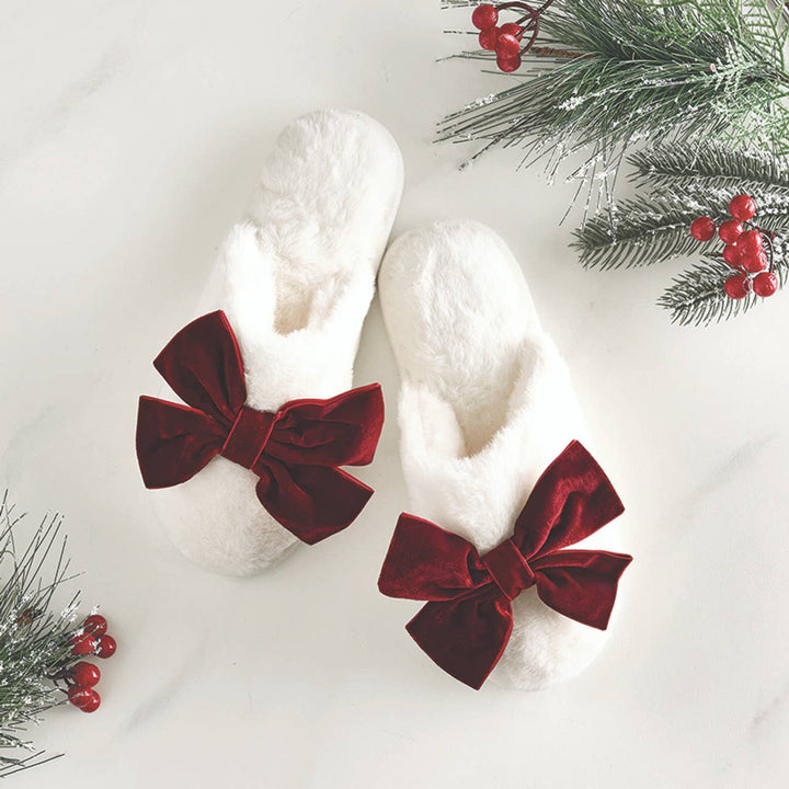 Plush Velvet Bow Slippers - Ivory + Burgundy