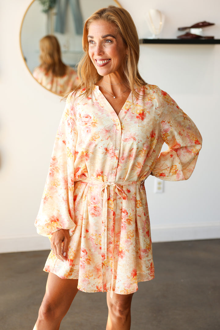 Button Down Tie Waist Dress - Peach
