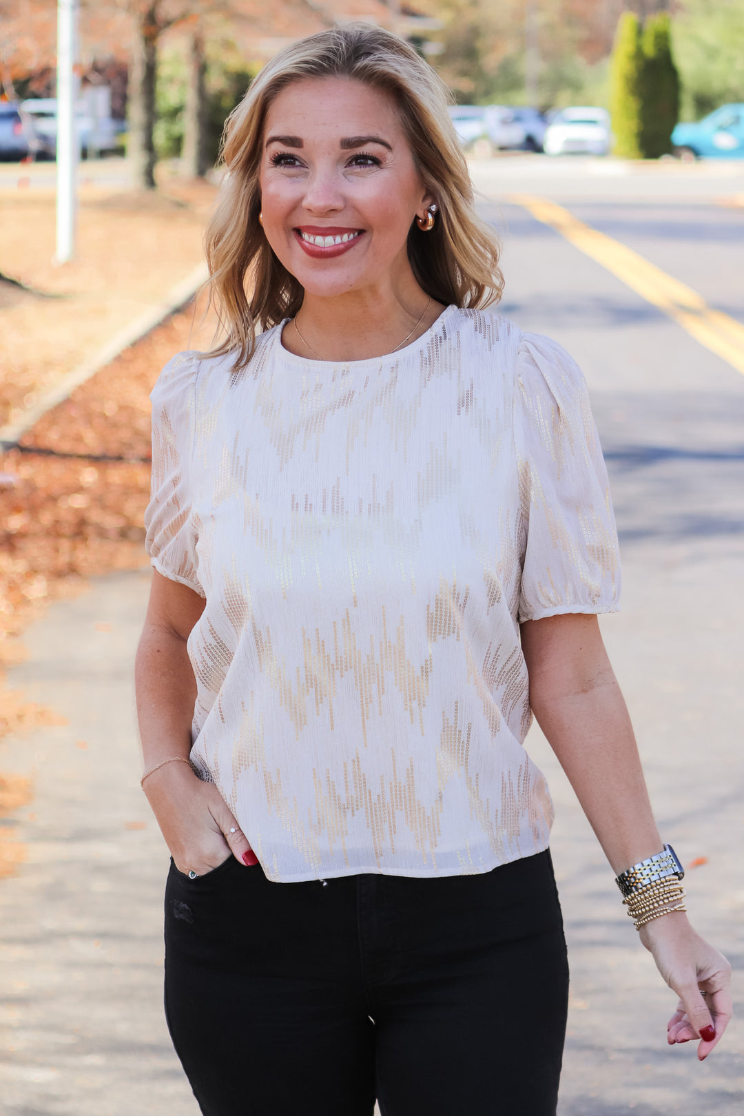 Sequin Pattern Top - Ivory/Gold