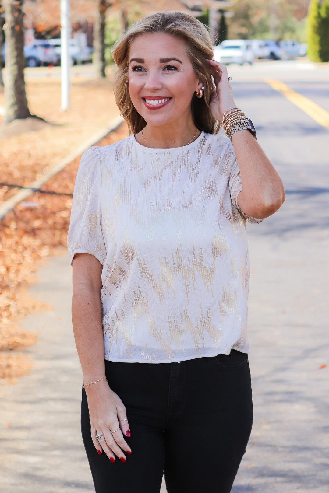 Sequin Pattern Top - Ivory/Gold