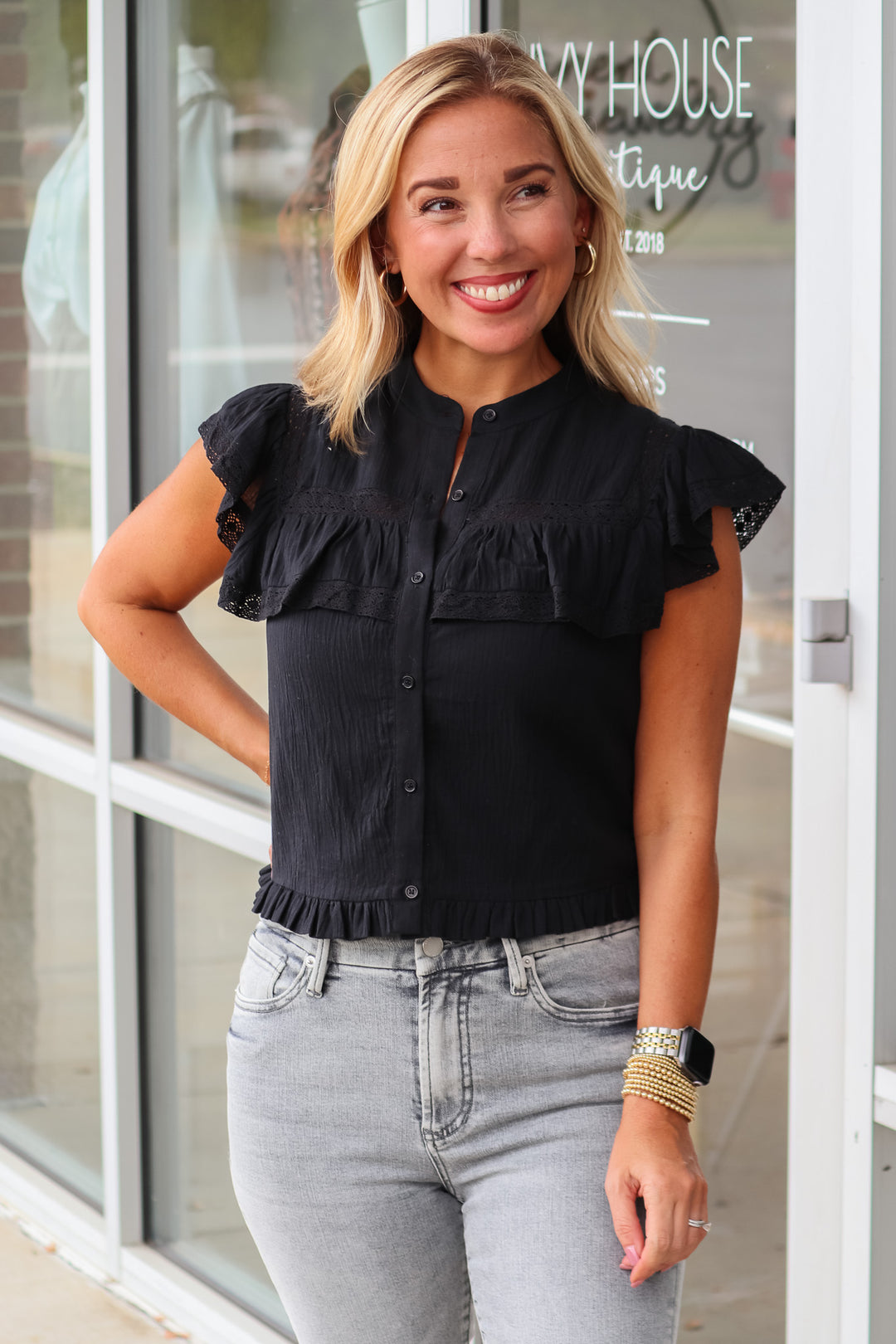 Ruffle Front Top - Black