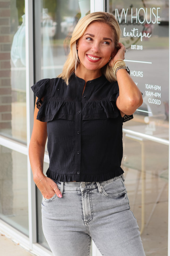 Ruffle Front Top - Black