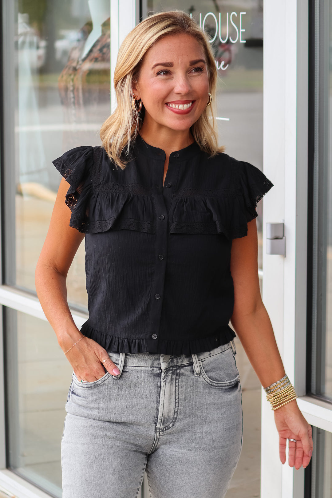 Ruffle Front Top - Black