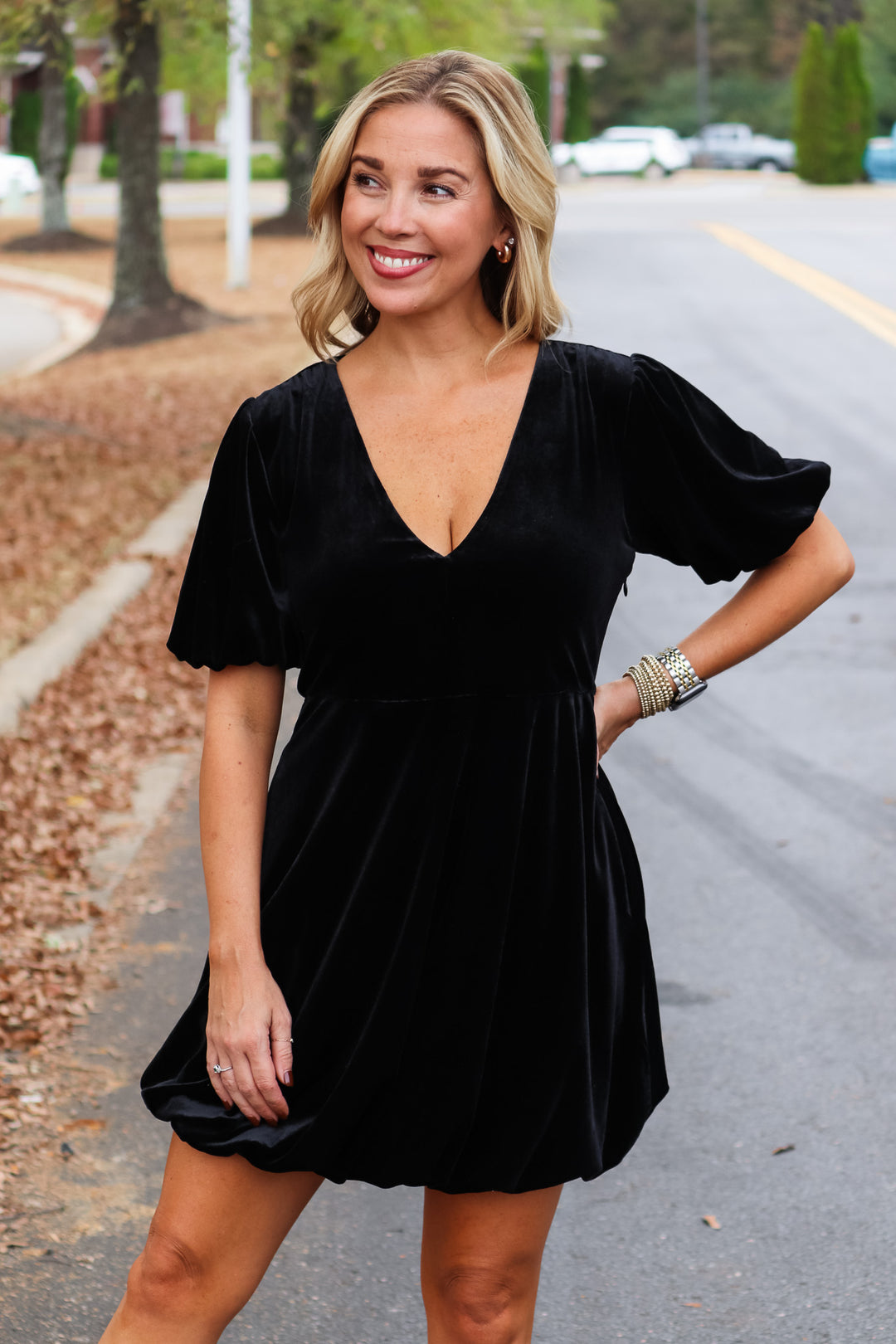 Bubble Hem Velvet Dress - Black