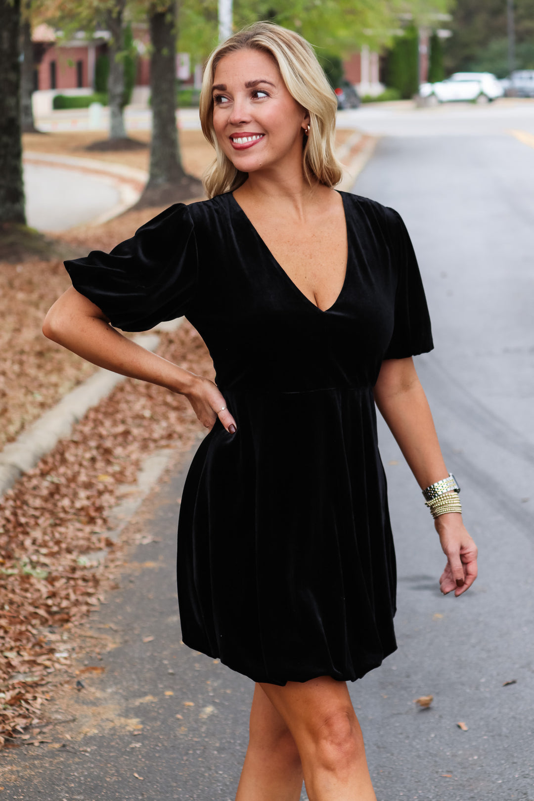 Bubble Hem Velvet Dress - Black