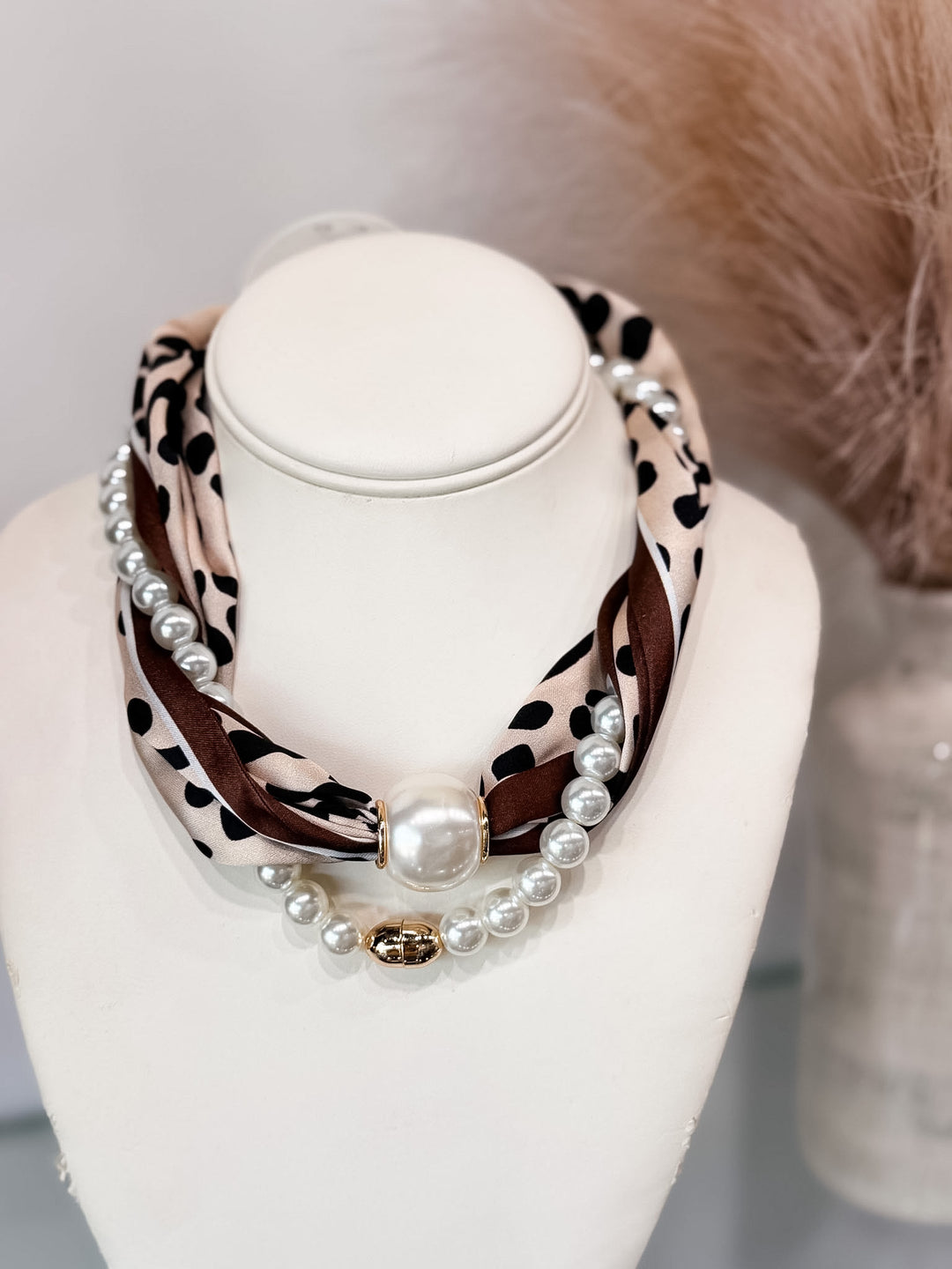 Luxe Pearl Scarf Necklace - Animal Print