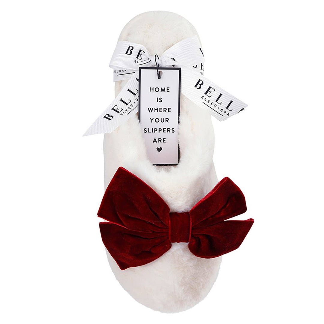 Plush Velvet Bow Slippers - Ivory + Burgundy