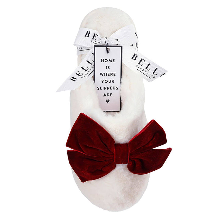 Plush Velvet Bow Slippers - Ivory + Burgundy