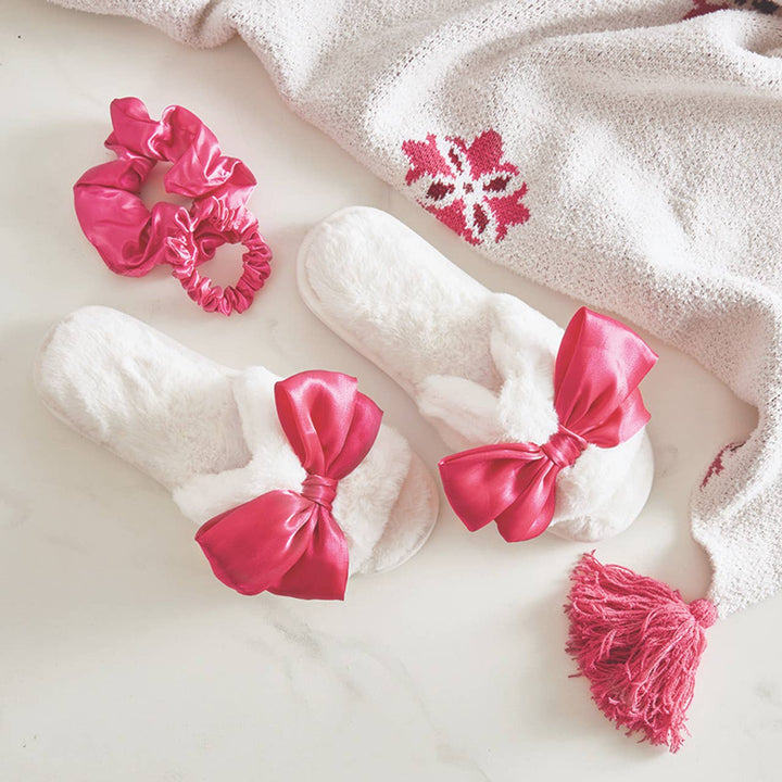 Plush Bow Slippers - Hot Pink