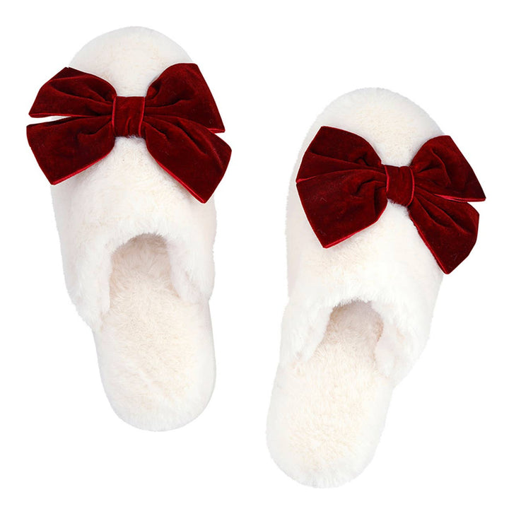Plush Velvet Bow Slippers - Ivory + Burgundy